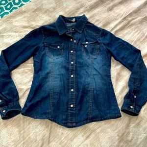 Long sleeve dark blue denim button up.